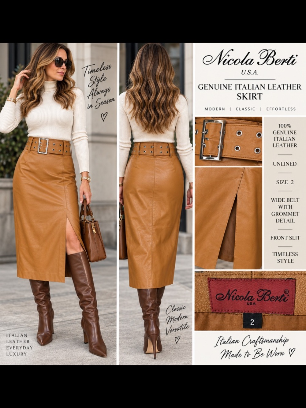 Nicola Berti Italian Leather Midi Skirt Sz 2 Cognac Belted Y2K
